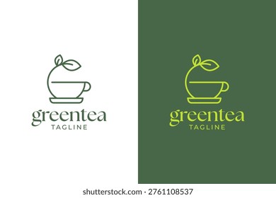 Greentea logo design featuring a minimalist teacup and a natural green leaf on two different colored backgrounds