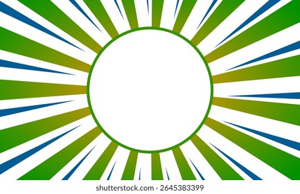 Los rayos radiales de verde a azul explotan desde un círculo central blanco, creando un fondo abstracto fresco perfecto para carteles ecológicos, Anuncios o marcas energéticas.