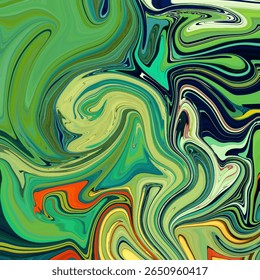 Green-toned fluid abstract painting with orange accents. Organic swirling lines and hypnotic motion create a bold visual experience. Abstract, green, texture, swirl, fluid.