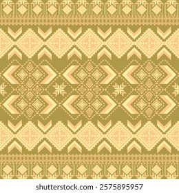 a green-toned textile pattern with geometric shapes, diamonds, and arrows. It features symmetrical designs inspired by traditional crafts, offering a cultural and decorative aesthetic. Vector seamless