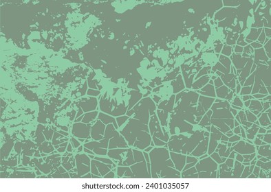 Green-turquoise grunge scratched shabby background with cracks and stains. Rough two-color vector texture for overlay. Silhouette of a bush with thorns on a rock slope