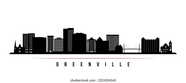 Greenville skyline horizontal banner. Black and white silhouette of Greenville, South Carolina. Vector template for your design. 