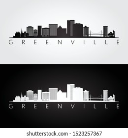 Greenville USA skyline and landmarks silhouette, black and white design, vector illustration.