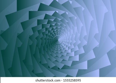 Green-violet squares overlapped in a spiral create the appearance of a tunnel.