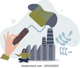 Greenwashing disinformation with company fake marketing .Corporate lies about factory pollution amount with CO2 emissions.Hide toxic fumes with false cover.flat vector illustration.