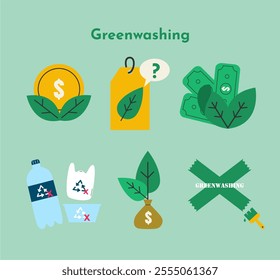 Greenwashing Icon Set. Sustainability Greenwashing vector icon illustration suitable for infographic, sustainability campaign, education and awareness. 