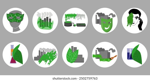 Greenwashing sticker set, variations illustration on the theme of environmental pollution and unfair environmental policies of enterprises and manufacturers 