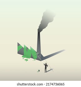 Greenwashing vector illustration, businessman paints industrial plant sign in green color with the use of roller, metaphor of imitation of green production policy by corporations