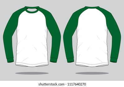 Green-White Raglan Long Sleeve T-shirt Design On Gray Background.Front and Back View.