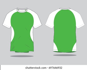 Green-White Raglan Shoulder T-Shirt Design on Gray Background. Front and Back Views, Vector File.