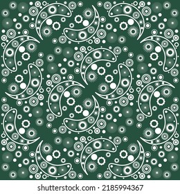 Green-white Seamless pattern in rustic style with flowers and paisley. Design for printing on fabric.