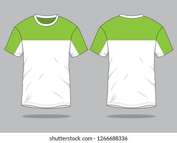 Green-White Short Sleeve T-Shirt Design on Gray Background.Front and Back View, Vector File