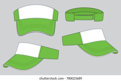 Green-White Sun Visor Cap With White Sandwich, Adjustable Hook-Loop Closure Strap Design On Gray Background, Vector File