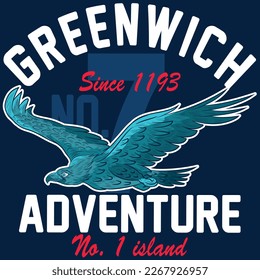 Greenwich Adventure Eagle College Varsity style. Spring summer design. Navy indigo colors and red Number 1 island.
