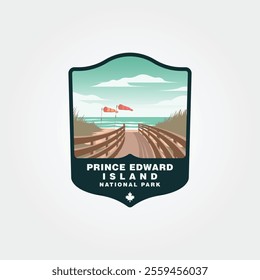 Greenwich Beach Boardwalk in prince albert island national park vector logo design, view of sea poster design