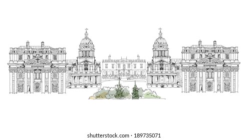 Greenwich view, Royal Navy collage, Royal chapel, Painted Hall and Queen's palace London, Sketch collection detailed illustration 