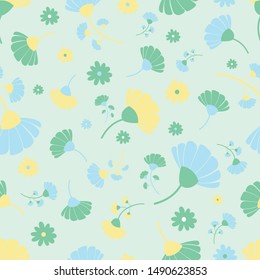Green,yellow and blue flowers seamless repeat pattern on green background for home decor, gift wrapping paper, pillows, curtains, kitchen gloves, table runners, pillows.
