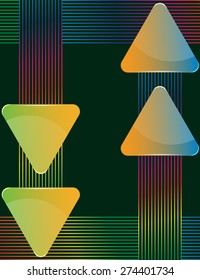 Green-yellow and blue-orange glass triangular presentation  plates with decoration colorful lines