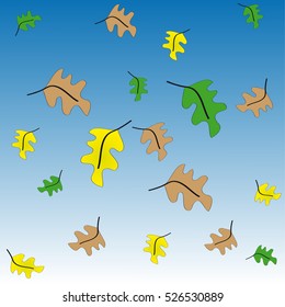 Green,yellow and brown leafs on blue - white background  with colored leafs.Vector illustration.