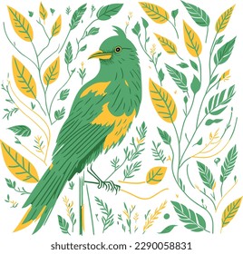 Green-yellow color bird vector illustration. Engraving template image for design, decoration, print. Hand draw bird with leafs on the branch