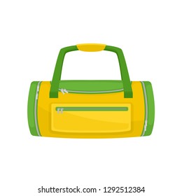 Green-yellow Duffel Bag With Small Pocket On Front. Bag For Carrying Gym Clothes And Accessories. Flat Vector Icon