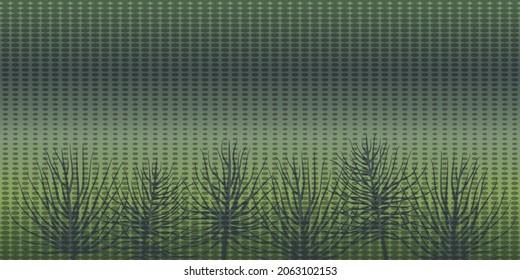 Green-yellow horizontal background with ovals decreasing towards the middle and silhouettes of plants. Creative spot design of backdrop, web wallpaper, etc. Vector illustration.