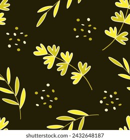 Greenyellow twigs and seeds on a dark background. Seamless pattern. Vector illustration for wallpaper, wrapping paper, textiles.