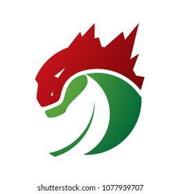 Greenzilla monster lizard with negative space leaf logo illustration