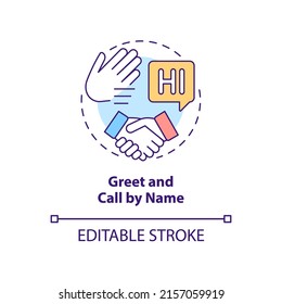 Greet And Call By Name Concept Icon. Be Polite And Friendly. Business Etiquette Abstract Idea Thin Line Illustration. Isolated Outline Drawing. Editable Stroke. Arial, Myriad Pro-Bold Fonts Used