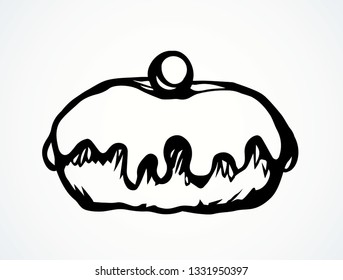 Greet Happy Party Jew Hannukah Meal Icon. Fat Sweet Sugar Glaze Design On White Card Space For Text. Line Black Ink Hand Drawn Round Hanukiah Pie Sign Sketch In Art Retro Doodle Cartoon Vector Style