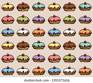 Greet happy party jew hannukah fast cafe meal isolated on light coffee backdrop. Tileable bright color hand drawn round hanukiah fat sweet sugar glaze frost soft cookie design art retro doodle cartoon