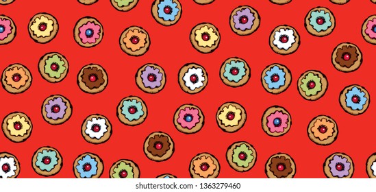 Greet happy party jew hannukah fast cafe meal isolated on vibrant red backdrop. Tileable bright color hand drawn hanukiah fat sweet sugar glaze frost soft cookie design art retro doodle cartoon vector