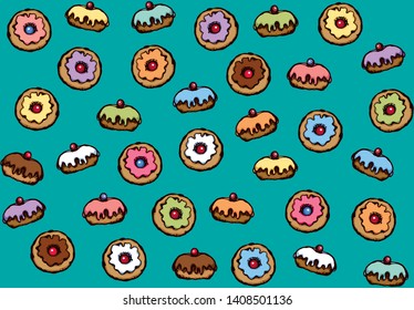 Greet happy party jew hannukah fast cafe meal isolated on dark teal backdrop. Tileable bright color hand drawn round hanukiah sweet sugar glaze frost soft cookie design art retro doodle cartoon vector