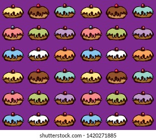 Greet happy party jew hannukah fast cafe meal isolated on dsrk purple backdrop. Tileable bright color hand drawn round hanukiah fat sweet sugar glaze frost soft cookie design art retro doodle cartoon 