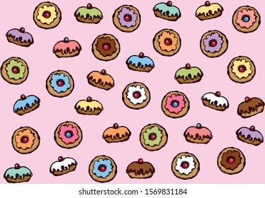 Greet happy party jew hannukah fast cafe meal. Light magenta backdrop. Tileable bright color hand drawn round hanukiah fat sweet sugar glaze frost soft cookie design art retro doodle cartoon vector