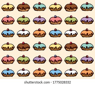 Greet happy party jew hannukah fast cafe meal isolated on light beige backdrop. Tileable bright color hand drawn round hanukiah fat sweet sugar glaze frost soft cookie design art retro cartoon vector