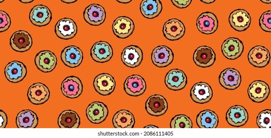 Greet Happy Party Jew Hannukah Fast Cafe Meal Isolated On Orange Backdrop. Tileable Bright Color Hand Drawn Round Hanukiah Fat Sweet Sugar Glaze Frost Soft Cookie Design Art Retro Doodle Cartoon Vecto