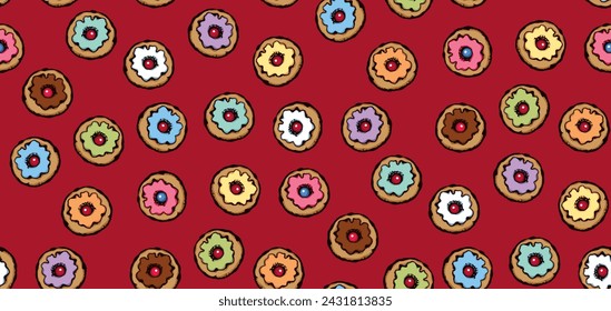 Greet happy party jew hannukah fast cafe meal isolated on dark burgundy backdrop. Bright color hand drawn round hanukiah fat sweet sugar glaze frost soft cookie design art retro doodle cartoon vector