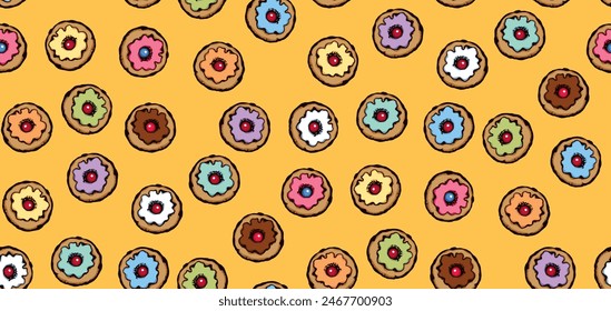 Greet happy party jew hannukah fast cafe meal isolated on yellow backdrop. Tileable bright color hand drawn round hanukiah fat sweet sugar glaze frost soft cookie design art retro doodle cartoon vecto