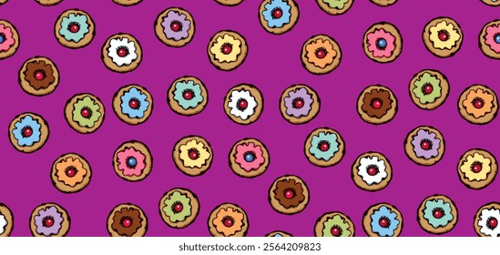 Greet happy party jew hannukah fast cafe meal isolated on dark violet backdrop. Tileable bright color hand drawn round hanukiah fat sweet sugar glaze frost soft cookie design art retro doodle cartoon 