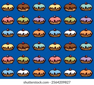 Greet happy party jew hannukah fast cafe meal isolated on dark violet backdrop. Tileable bright color hand drawn round hanukiah fat sweet sugar glaze frost soft cookie design art retro doodle cartoon 