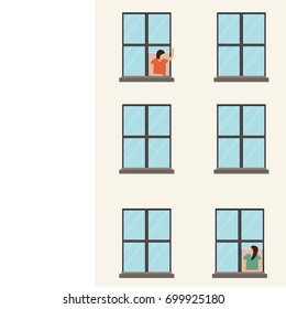 Greet the neighbors. Beside the balcony. free space for text. cartoon vector background