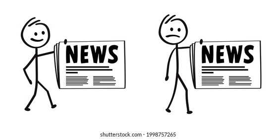 Greet news, breaking news. Cartoon stickman with good news and bad news. Vector stick figures. Fact or fake newspaper sign. Like or dislike banner. Possitive, motivation and inspiration tabloid letter