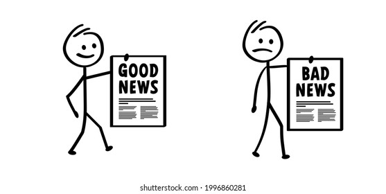 Greet news. Cartoon stickman with good news and bad news. Vector stick figures. Fact or fake newspaper sign. Like or dislike banner.
