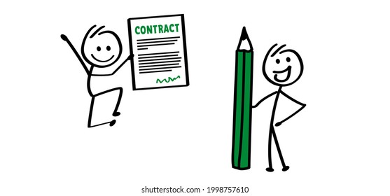 Greet news, stick figures man sign the contract. Cartoon happy stickman drawing a successful business contract. 