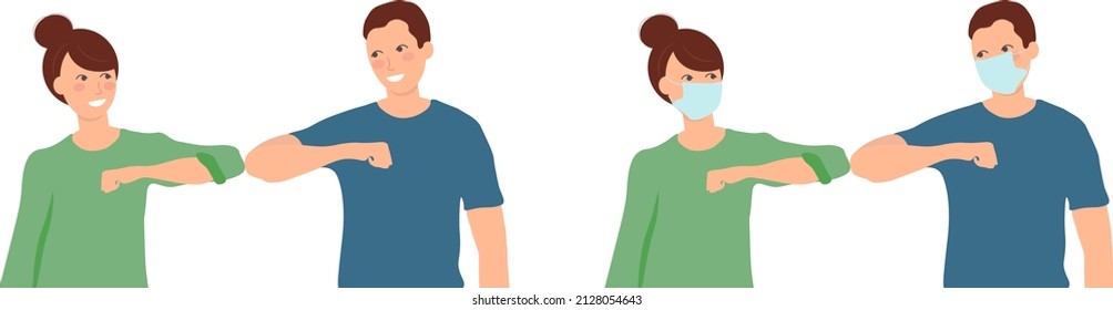 Greet others with elbows vector illustration set. Distance elbow greeting between two people. Distancing strategy concept. Social  safety Elbow bump. People wear protective face mask use elbow bump.
