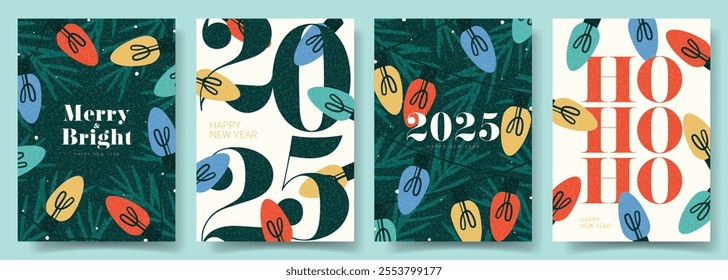 Greeting 2025 New Year posters. Colorful trendy vector illustration with garlands, Christmas tree and typography design. Modern holiday New Year flyers for card, ads, poster, cover, social media.