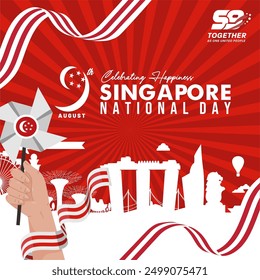 Greeting of 59th Singapore National Day 9th August 2024 with Logo and City Landmarks. Singapura Merdeka 9 Agustus 2024 Template, Banner, Poster, Background, Social Media Feed.