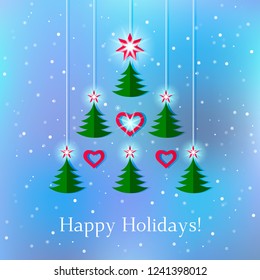 Greeting abstract New Year card or invitation. set of shiny Christmas trees with stars and hearts, snowflakes. vector illustration