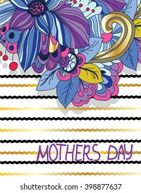  greeting abstract vector colorful background with flowers and mother's day inscription with a zigzagging Golden color background and greeting card